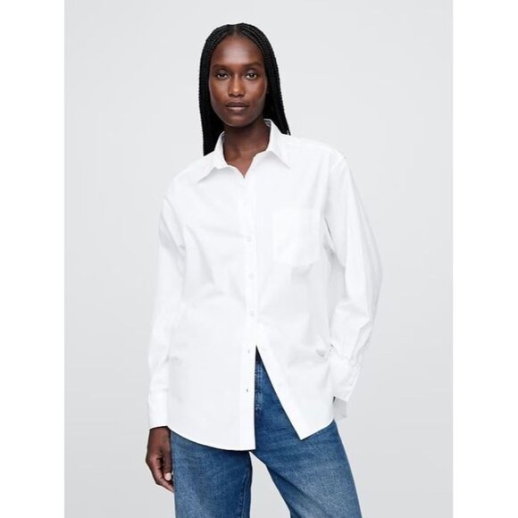 NWT GAP Optic White Organic Cotton Poplin Oversized Button-Up Big Shirt, Size M - Picture 1 of 16